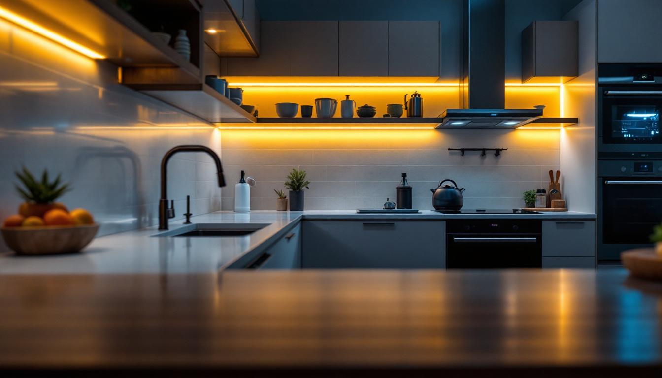 A photograph of a sleek kitchen featuring modern 120v under cabinet led lighting