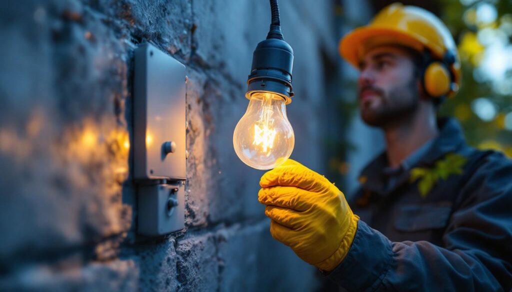 A photograph of a lighting contractor installing a waterproof bulb socket in an outdoor setting
