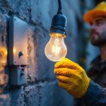 A photograph of a lighting contractor installing a waterproof bulb socket in an outdoor setting