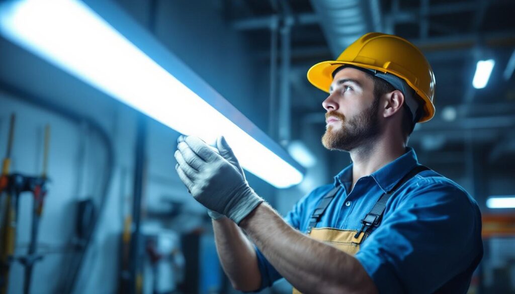 A photograph of a skilled lighting contractor expertly connecting a fluorescent lamp in a well-lit workspace