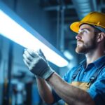 A photograph of a skilled lighting contractor expertly connecting a fluorescent lamp in a well-lit workspace