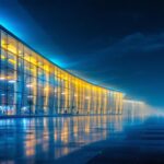 A photograph of a modern airport terminal illuminated with dynamic led lighting
