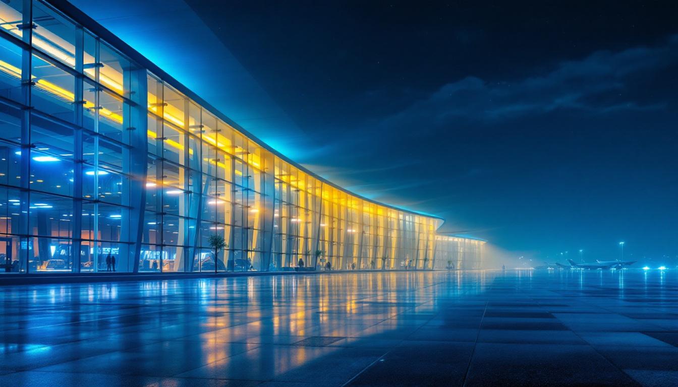 A photograph of a modern airport terminal illuminated with dynamic led lighting
