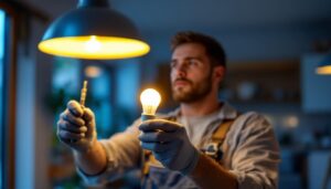 A photograph of a lighting contractor installing a 20w type t bulb in a modern residential setting