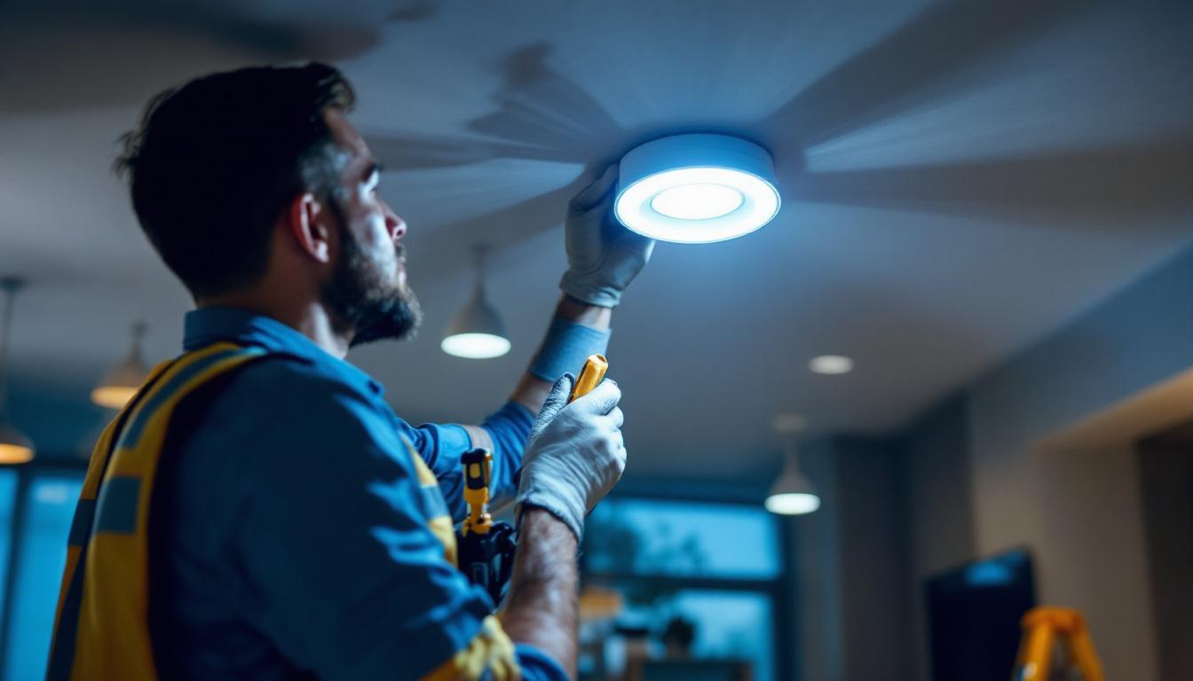 A photograph of a lighting contractor skillfully retrofitting an led canister in a modern ceiling