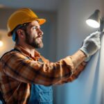 A photograph of a lighting contractor installing or showcasing a modern led lighting fixture in a residential or commercial setting