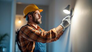 A photograph of a lighting contractor installing or showcasing a modern led lighting fixture in a residential or commercial setting