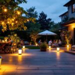 A photograph of a beautifully illuminated patio at dusk