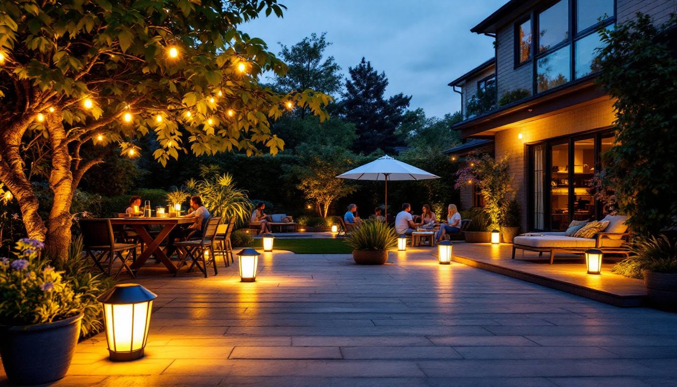 A photograph of a beautifully illuminated patio at dusk