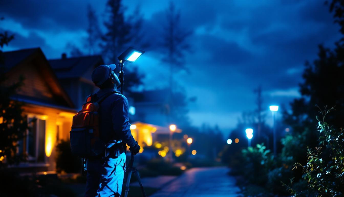 A photograph of a professional lighting contractor installing solar led flood lights in an outdoor setting