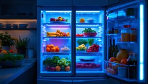 A photograph of a modern refrigerator interior showcasing vibrant led lighting illuminating fresh produce and organized shelves