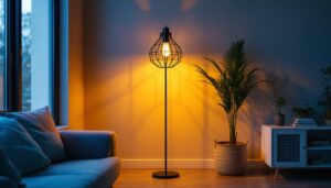 A photograph of capture a photograph of a stylish cage floor lamp in a modern living space