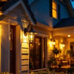 A photograph of a beautifully illuminated house porch at dusk