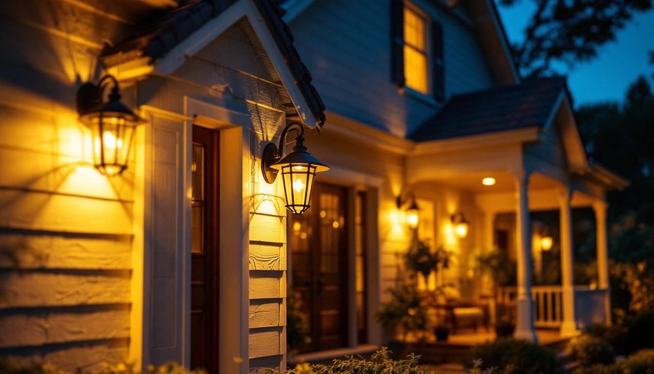 A photograph of a beautifully illuminated house porch at dusk