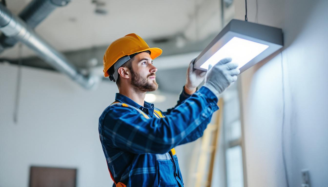 A photograph of a lighting contractor installing or examining a sleek