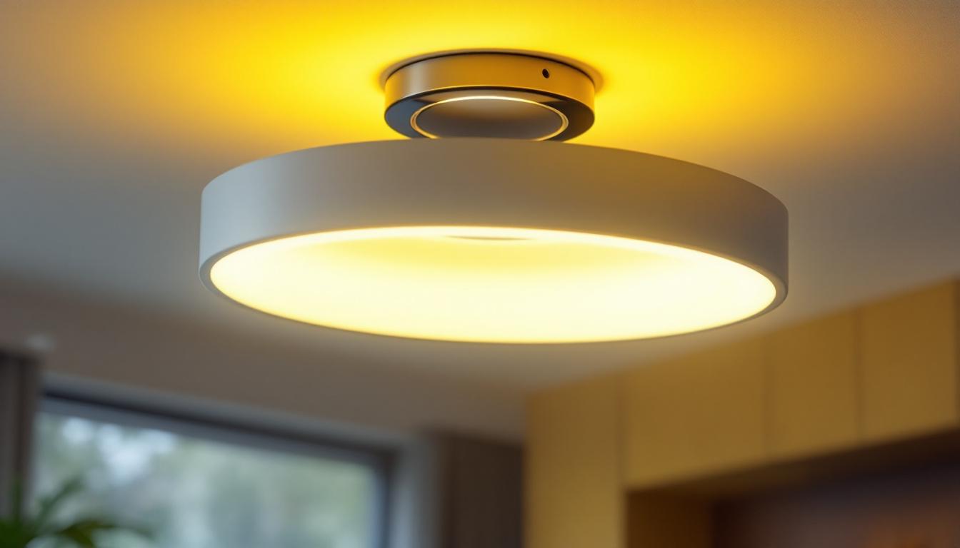 A photograph of a sleek and modern 4 ft flush mount led light fixture installed in a stylish interior setting