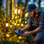 A photograph of a lighting contractor installing battery-operated solar lights in a residential garden setting