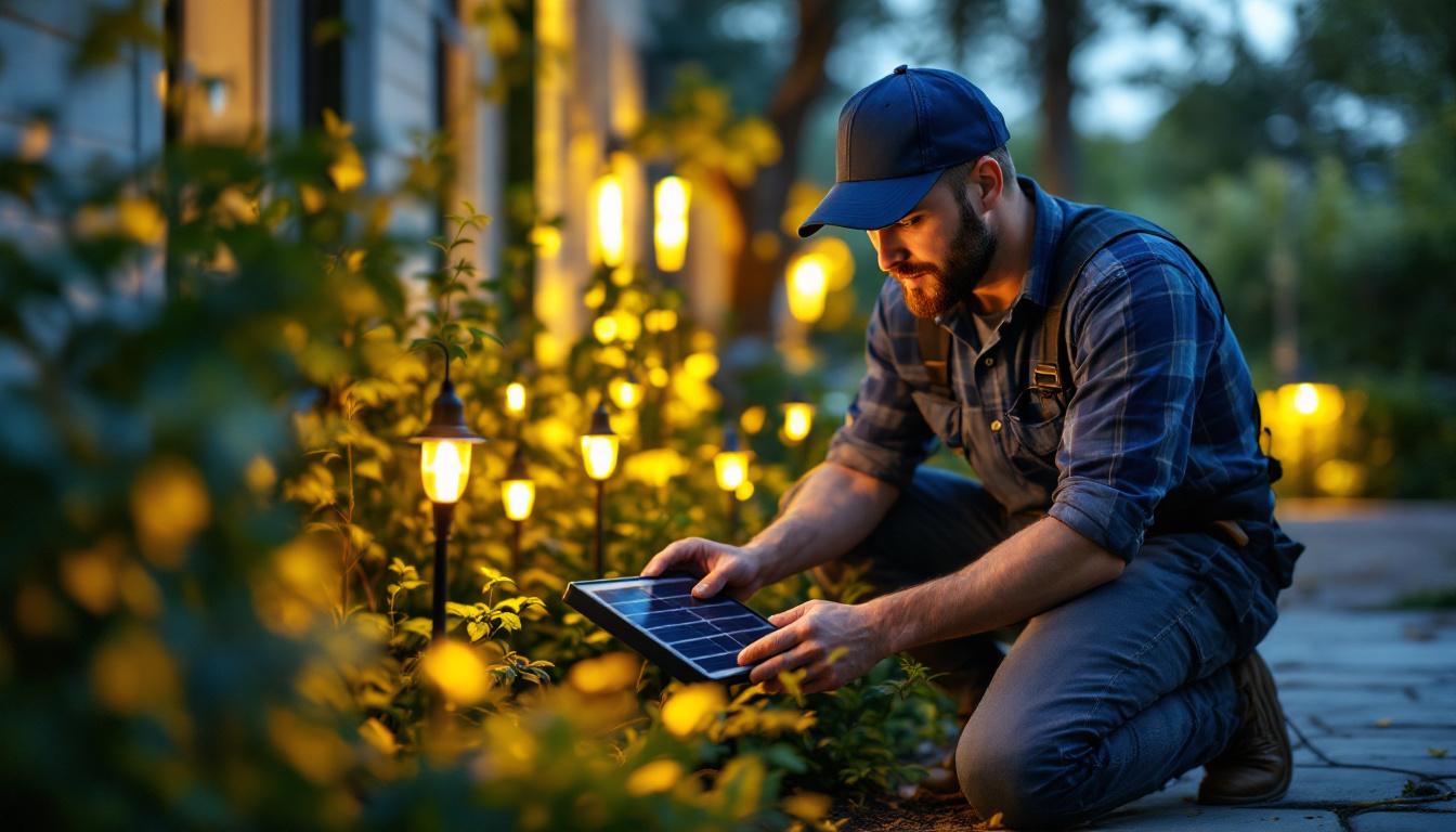 A photograph of a lighting contractor installing battery-operated solar lights in a residential garden setting