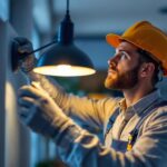 A photograph of a skilled lighting contractor expertly installing a sleek
