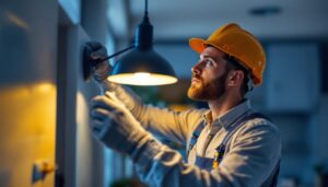 A photograph of a skilled lighting contractor expertly installing a sleek