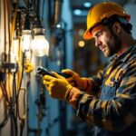 A photograph of a skilled lighting contractor examining and installing modern electrical receptacles in a well-lit space