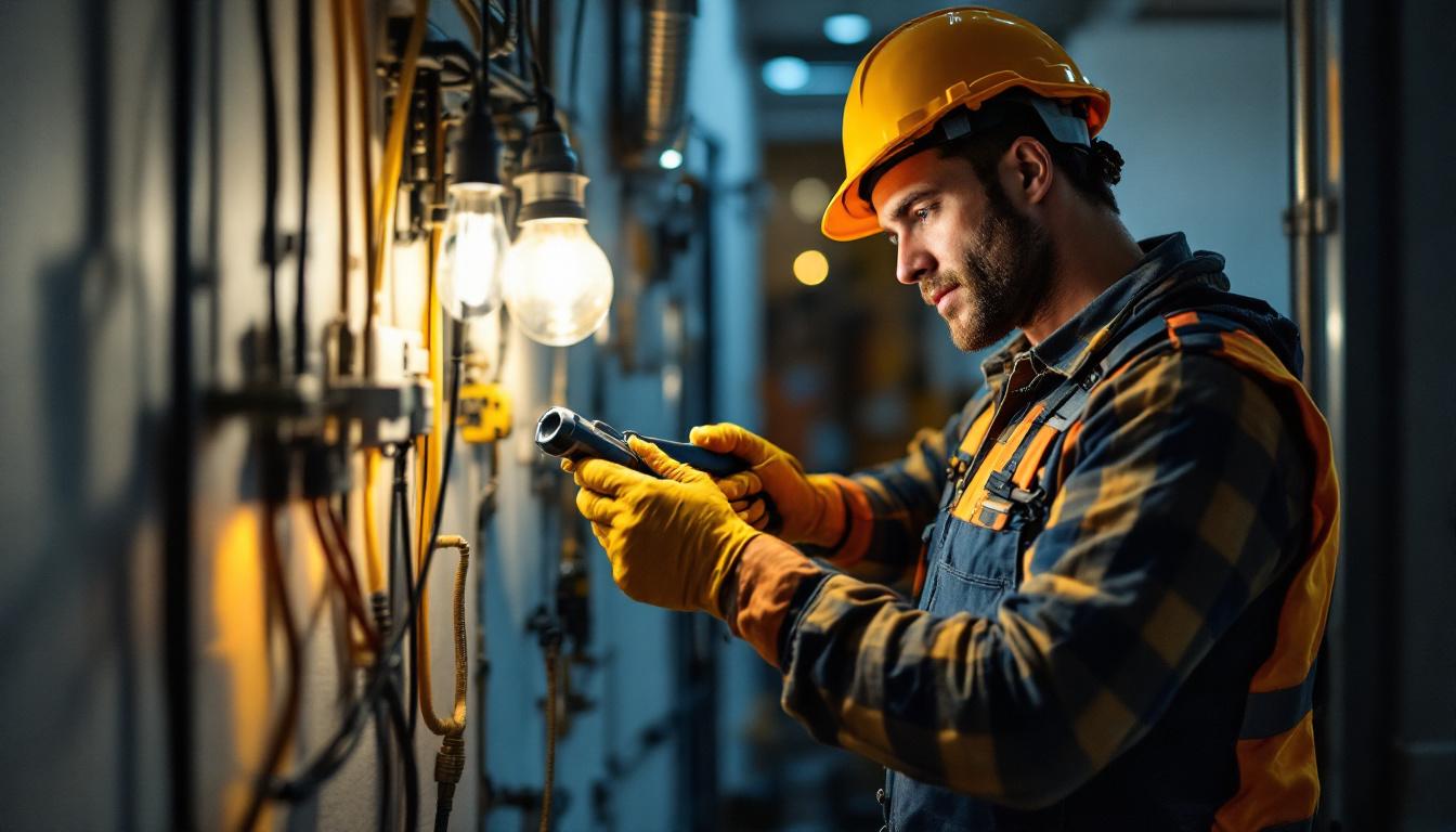 A photograph of a skilled lighting contractor examining and installing modern electrical receptacles in a well-lit space