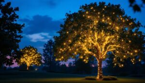 A photograph of a beautifully illuminated tree in an outdoor setting at dusk