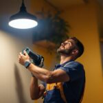 A photograph of a lighting contractor installing a sleek
