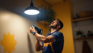 A photograph of a lighting contractor installing a sleek