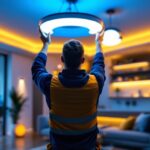 A photograph of a lighting contractor installing or showcasing circular led lights in a modern residential or commercial setting