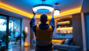 A photograph of a lighting contractor installing or showcasing circular led lights in a modern residential or commercial setting