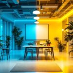 A photograph of a modern workspace featuring energy-efficient led lighting retrofits