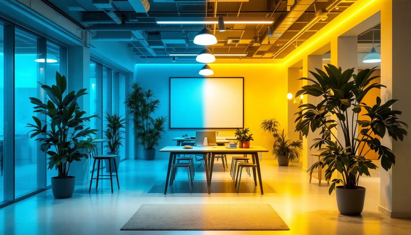 A photograph of a modern workspace featuring energy-efficient led lighting retrofits