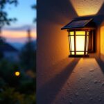 A photograph of a beautifully illuminated solar wall lantern installed on an exterior wall
