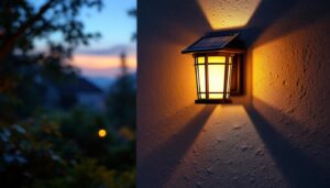 A photograph of a beautifully illuminated solar wall lantern installed on an exterior wall