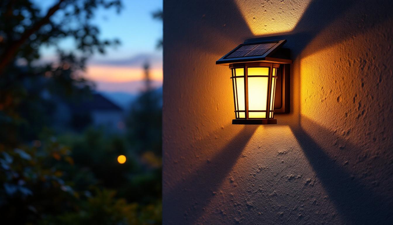 A photograph of a beautifully illuminated solar wall lantern installed on an exterior wall