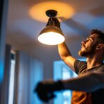 A photograph of a skilled lighting contractor installing a sleek