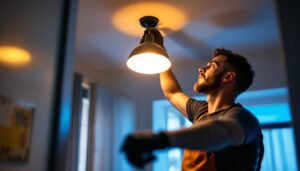 A photograph of a skilled lighting contractor installing a sleek