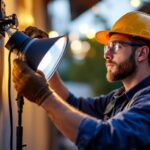 A photograph of a professional lighting contractor installing or adjusting a full cutoff light fixture in an outdoor setting