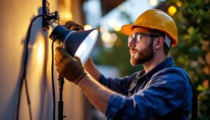 A photograph of a professional lighting contractor installing or adjusting a full cutoff light fixture in an outdoor setting