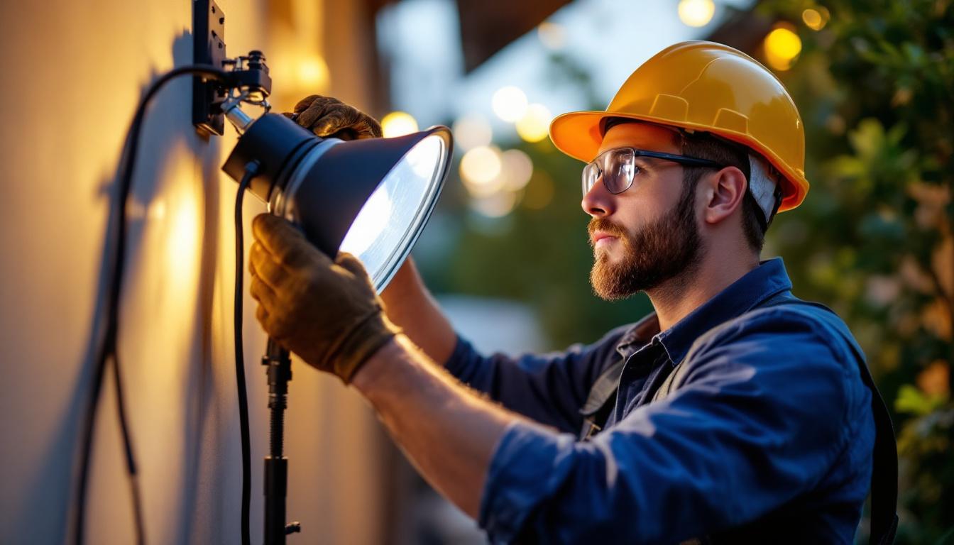 A photograph of a professional lighting contractor installing or adjusting a full cutoff light fixture in an outdoor setting