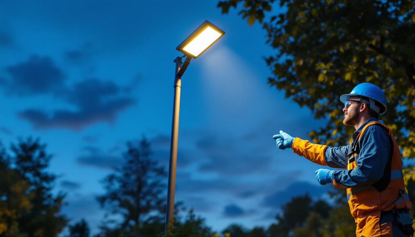 A photograph of a solar light mounted on a tall pole in a beautifully landscaped outdoor setting