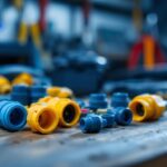 A photograph of a close-up of a variety of waterproof wire connectors arranged on a workbench
