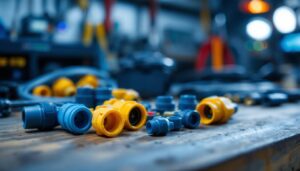 A photograph of a close-up of a variety of waterproof wire connectors arranged on a workbench