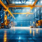 A photograph of a spacious industrial setting featuring large