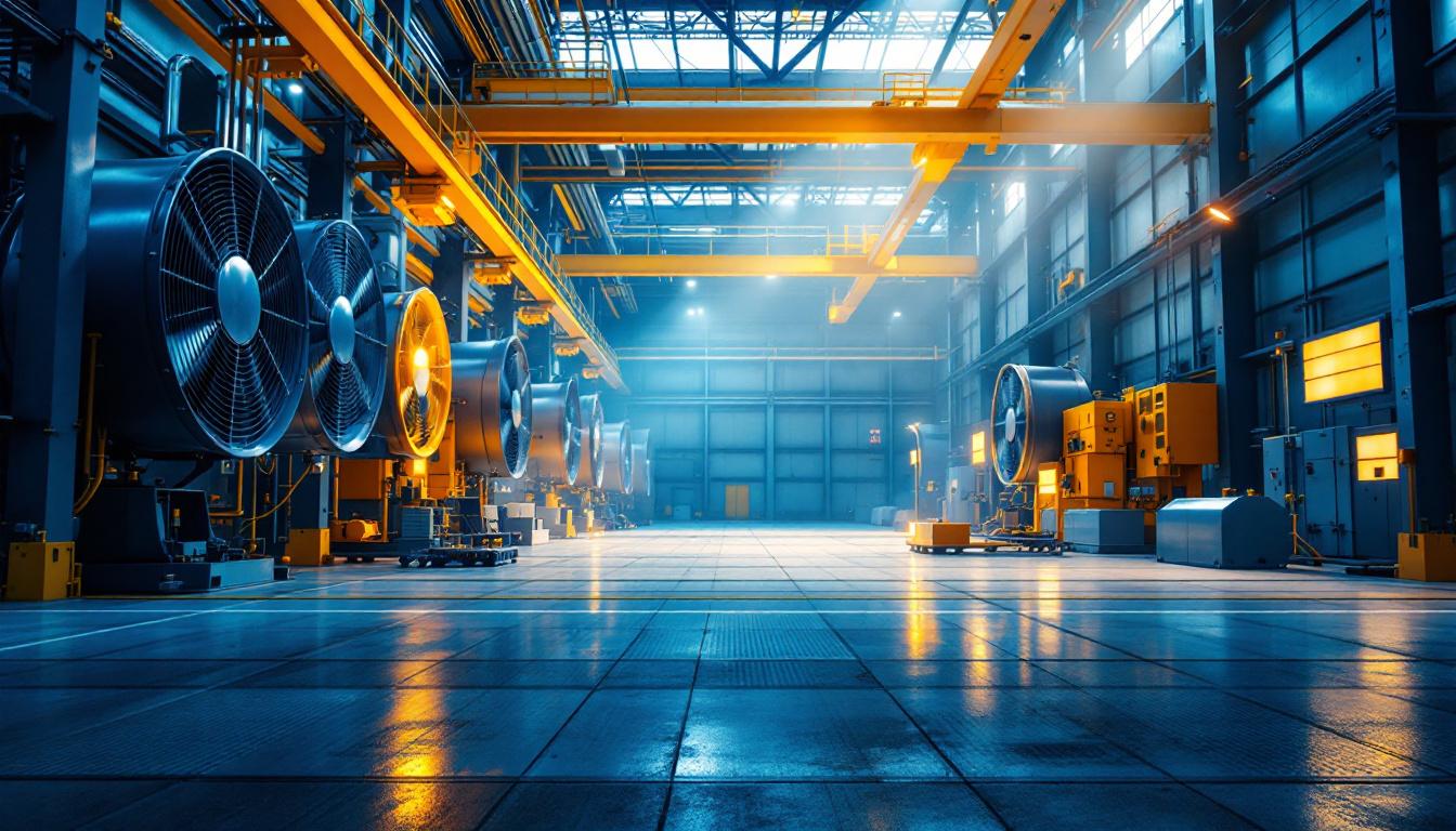 A photograph of a spacious industrial setting featuring large