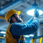 A photograph of a lighting contractor installing a hyperlite high bay fixture in a commercial space