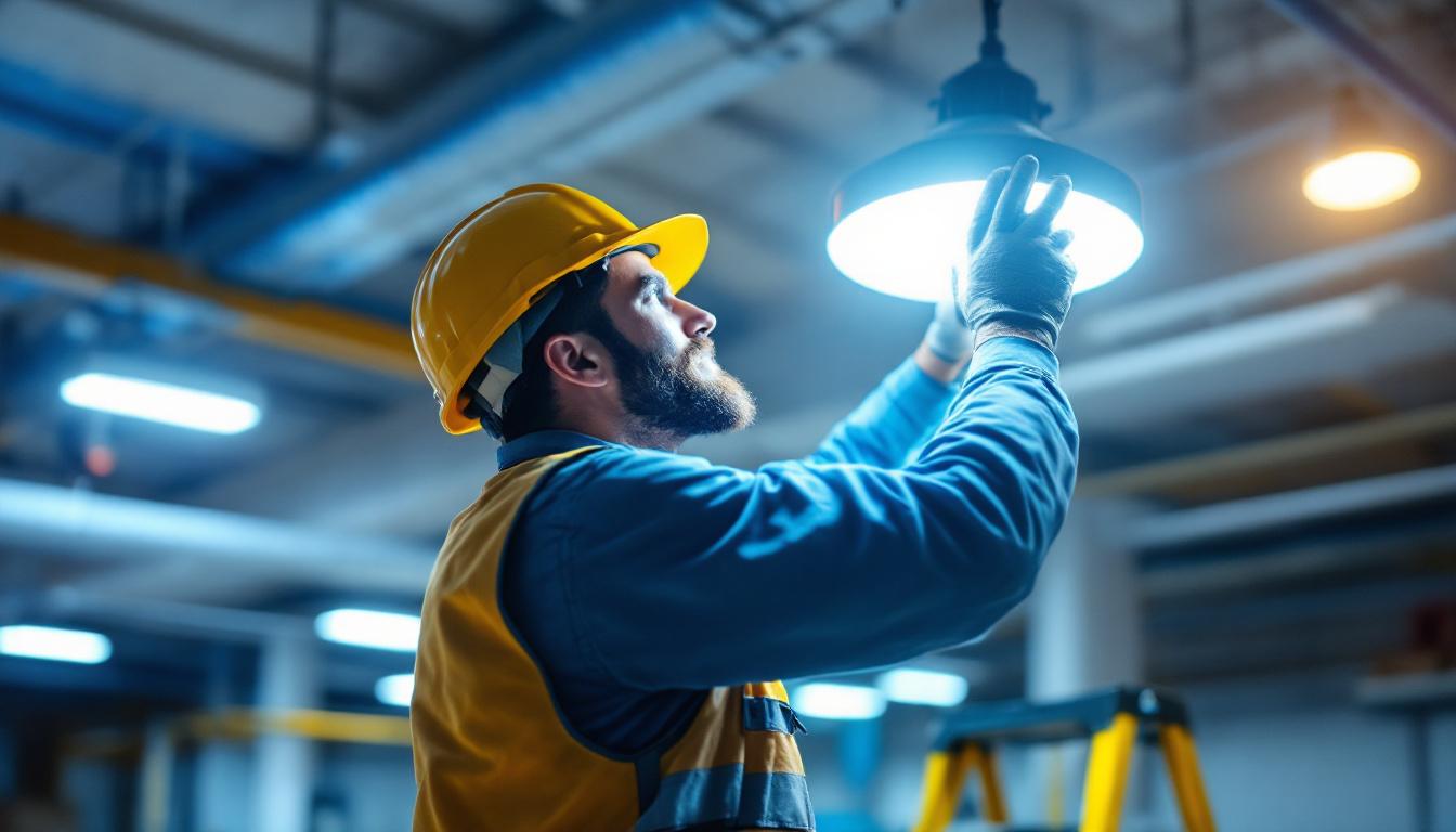 A photograph of a lighting contractor installing a hyperlite high bay fixture in a commercial space