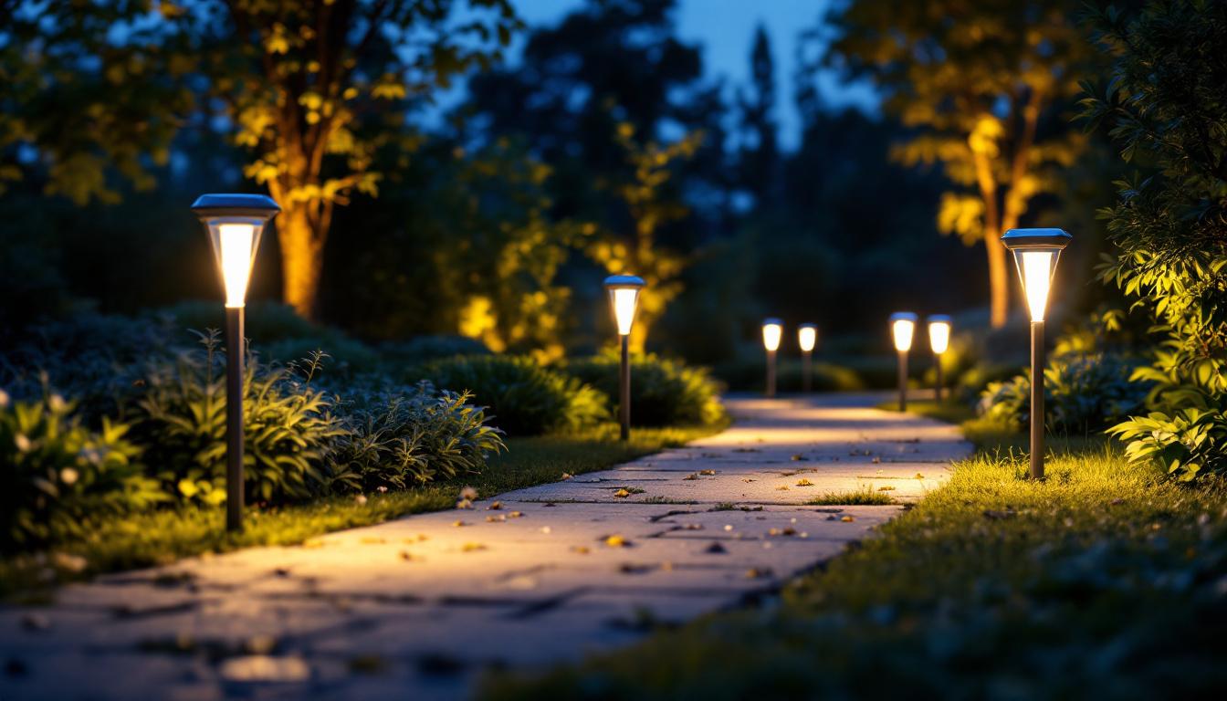 A photograph of a beautifully illuminated outdoor pathway featuring high-lumen solar path lights