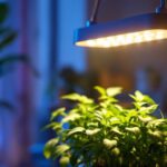 A photograph of a well-designed plant light fixture in a modern indoor garden setting